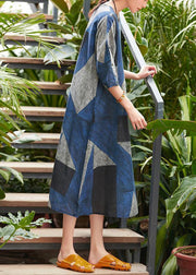 Style o neck patchwork Robes Work blue gray print Dress summer - SooLinen