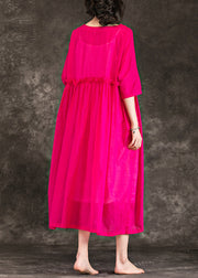 Stil O-Ausschnitt Patchwork Baumwolle Lange Boutique-Hemden rosa Übergröße Kleidung Kleider Sommer