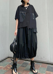 Style o neck patchwork cotton summer tunic pattern black shirts - SooLinen