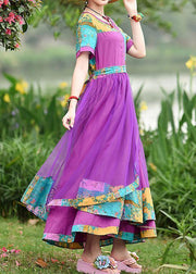 Style o neck patchwork tulle cotton clothes Work Outfits purple print Art Dresses summer - SooLinen
