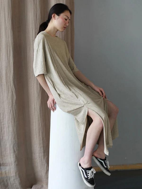Style o neck side open cotton Tunics Work Outfits beige long Dresses summer - SooLinen
