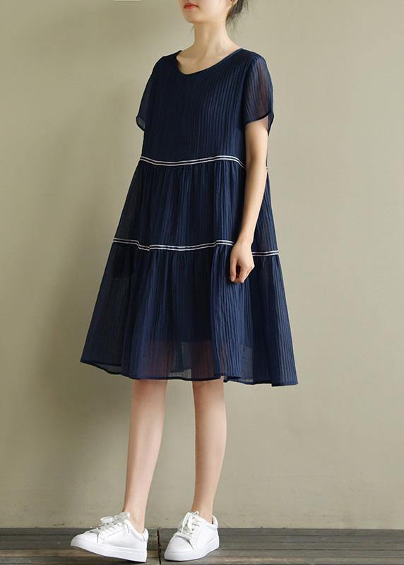 Style o neck Cinched clothes For Women 2019 Wardrobes navy A Line Dresses Summer - SooLinen
