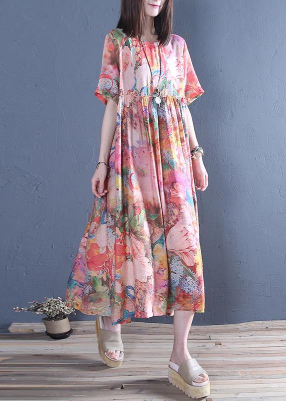 Style o neck Cinched cotton tunic dress Fashion pink print Maxi Dress - SooLinen