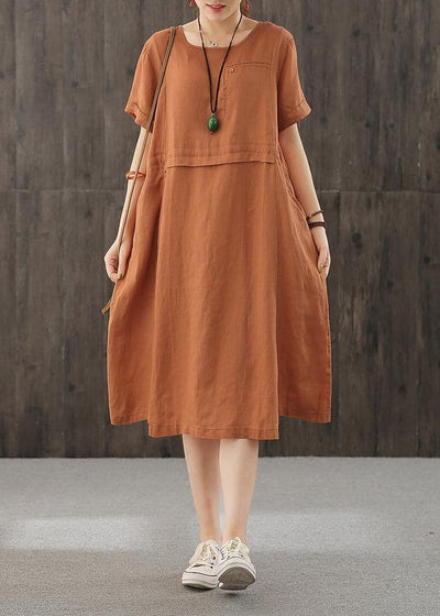 Style orange Long Shirts o neck patchwork cotton Dress - SooLinen
