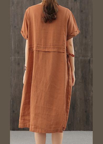 Style orange Long Shirts o neck patchwork cotton Dress - SooLinen