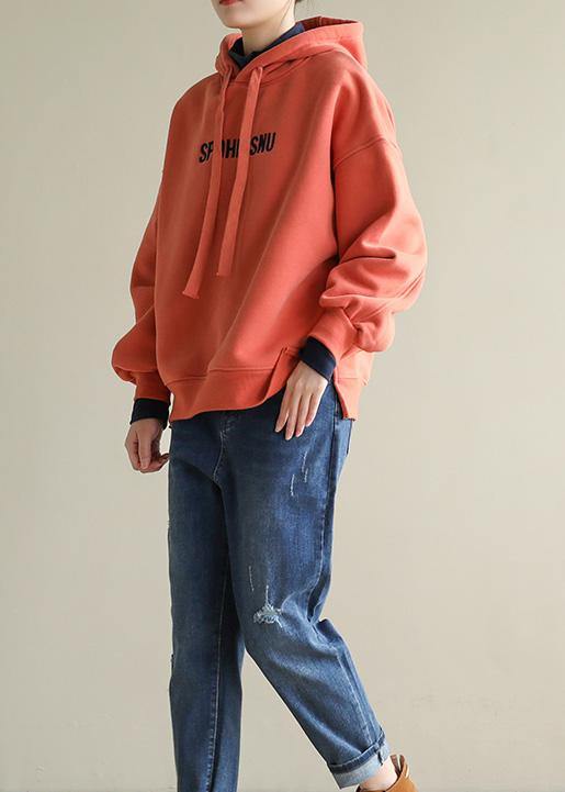 Style orange cotton tunic top embroidery oversized hooded blouses - SooLinen