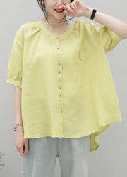 Style orange linen top o neck short sleeve Midi shirts - SooLinen