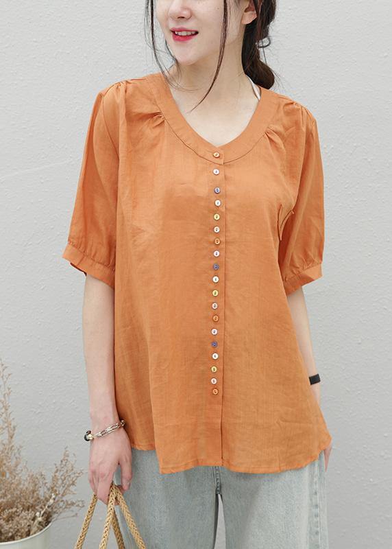 Style orange linen top o neck short sleeve Midi shirts - SooLinen