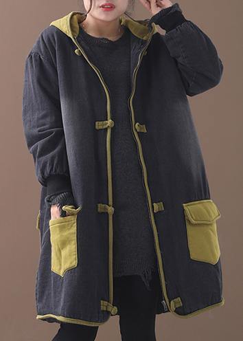 Style patchwork Fine Long coats design Chinese Button yellow hooded coats - SooLinen