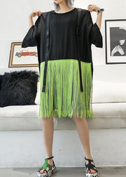 Style patchwork tassel Cotton clothes black Dresses summer - SooLinen