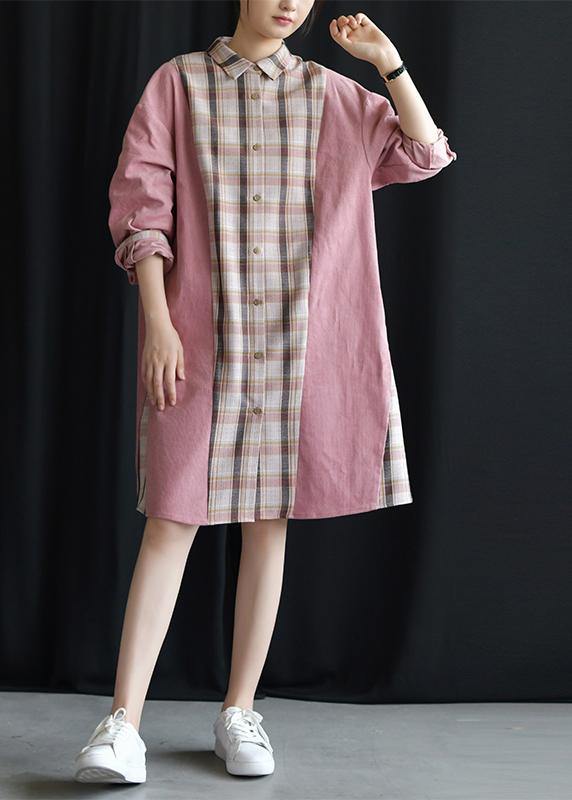 Style pink patchwork Plaid Cotton clothes lapel tie waist Plus Size fall Dresses - SooLinen
