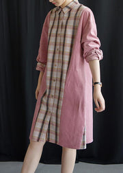 Style pink patchwork Plaid Cotton clothes lapel tie waist Plus Size fall Dresses - SooLinen