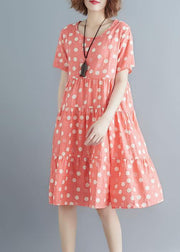 Style pink print cotton linen Tunics o neck Cinched summer Dress - SooLinen