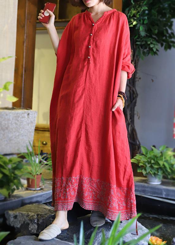Style pockets baggy linen dresses Catwalk red embroidery Dress v neck - SooLinen