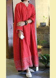 Style pockets baggy linen dresses Catwalk red embroidery Dress v neck - SooLinen