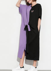 Stylen Sie lila schwarze Baumwollkleidung plus Größenhemden O-Hals-Patchwork-Kaftan-Sommerkleid