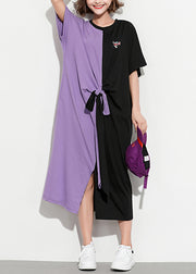 Stylen Sie lila schwarze Baumwollkleidung plus Größenhemden O-Hals-Patchwork-Kaftan-Sommerkleid