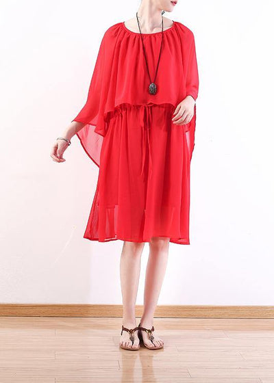 Style red chiffon dresses stylish Shirts tie waist Maxi summer Dress - SooLinen