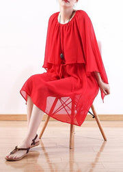 Style red chiffon dresses stylish Shirts tie waist Maxi summer Dress - SooLinen
