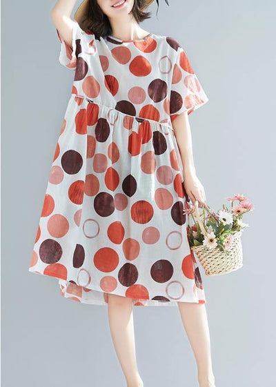 Style red dotted linen clothes For Women plus size design o neck short sleeve Plus Size Summer Dress - SooLinen