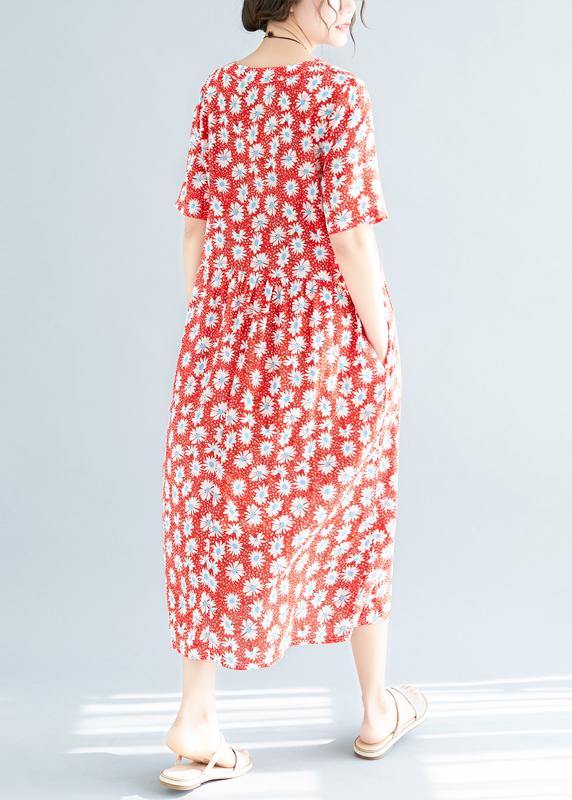 Style red floral linen clothes v neck loose summer Dresses - SooLinen