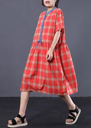 Style red plaid cotton clothes For Women patchwork color long summer Dresses - SooLinen