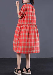 Style red plaid cotton clothes For Women patchwork color long summer Dresses - SooLinen