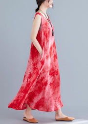 Style red print cotton linen clothes For Women sleeveless pockets long summer Dresses - SooLinen