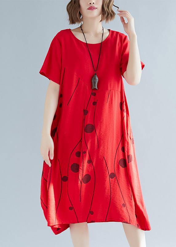 Style red print cotton outfit o neck shift summer Dresses - SooLinen