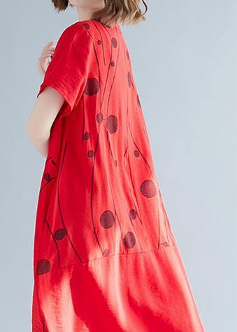 Style red print cotton outfit o neck shift summer Dresses - SooLinen