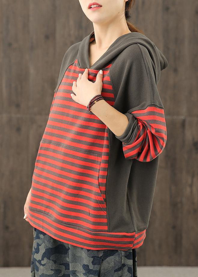 Style red striped tunics for women hooded patchwork baggy blouses - SooLinen