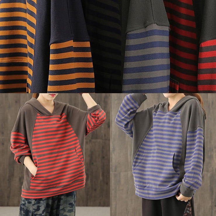 Style red striped tunics for women hooded patchwork baggy blouses - SooLinen
