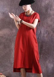 Style short sleeve Cotton Tunics Catwalk red o neck Dress summer - SooLinen