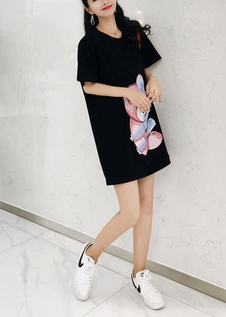 Stil Kurzarm Baumwolle Tunika Muster Stiche Nähen schwarz bedrucktes Kleid Sommer