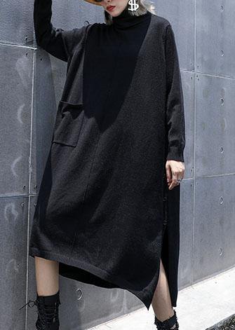 Style side open cotton tunic top Work Outfits black A Line Dresses fall - SooLinen