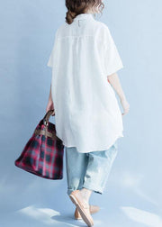 Style side open linen tunic top white prints baggy top summer - SooLinen