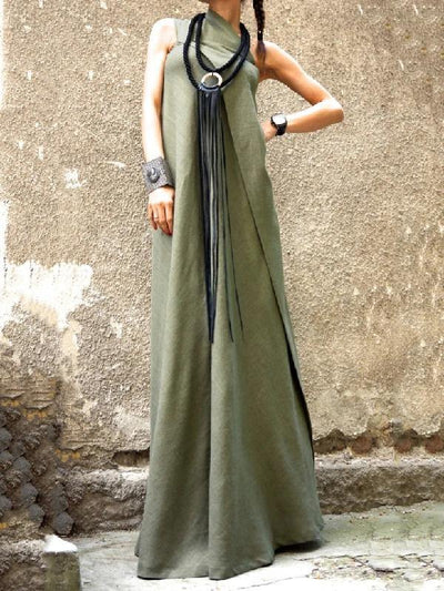 Style Sleeveless Patchwork Linen Outfit Photography Army Green Dress - SooLinen