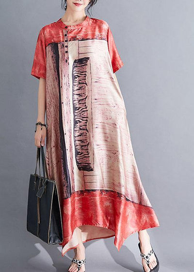 Style stand collar chiffon clothes Women Catwalk red prints Art Dresses summer - SooLinen