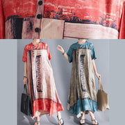 Style stand collar chiffon clothes Women Catwalk red prints Art Dresses summer - SooLinen