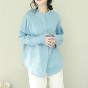 Style stand collar linen tops women blouses plus size Sewing green short blouses