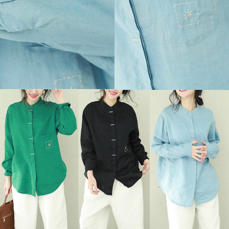Style stand collar linen tops women blouses plus size Sewing green short blouses
