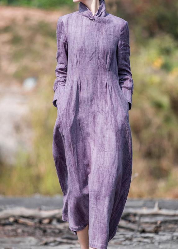 Style stand collar pockets spring dresses Tutorials purple Dress - SooLinen