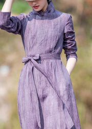 Style stand collar pockets spring dresses Tutorials purple Dress - SooLinen