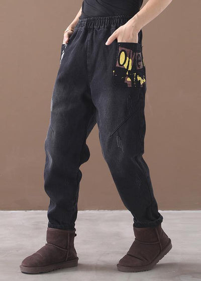 Style thick pants elastic waist black design Appliques women pants - SooLinen