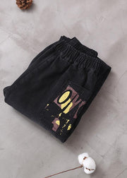 Style thick pants elastic waist black design Appliques women pants - SooLinen
