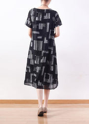 Style tie waist linen clothes Neckline black prints Dress summer - SooLinen