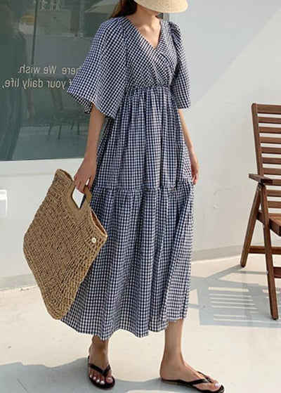 Style v neck Ruffles linen cotton summer quilting dresses Work plaid Dress - SooLinen