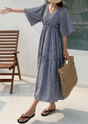 Style v neck Ruffles linen cotton summer quilting dresses Work plaid Dress - SooLinen