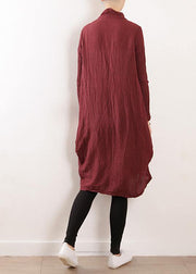 Style v neck asymmetric linen Robes Neckline burgundy Dress fall - SooLinen
