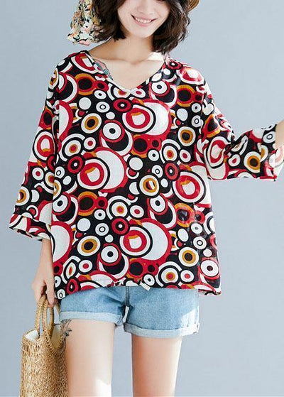 Style v neck cotton shirts Work Outfits red prints top summer - SooLinen